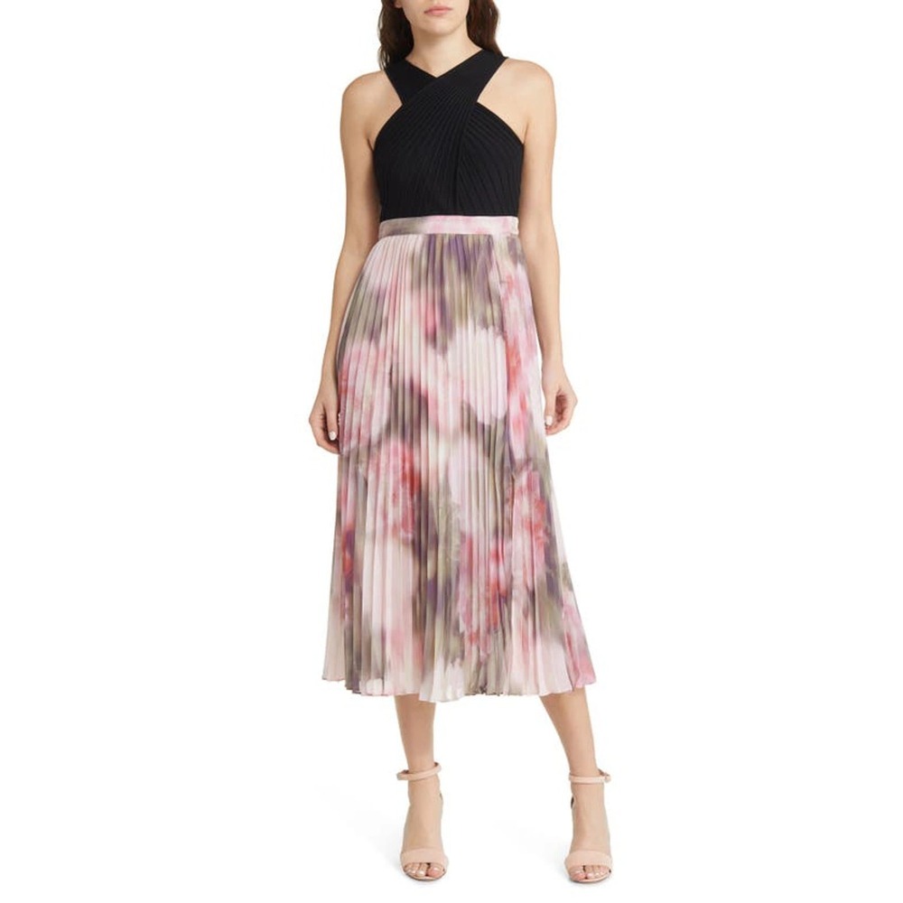 Ted Baker Loulous Cross Front Pleated Midi Dress with Knit Bodice – Pink Floral